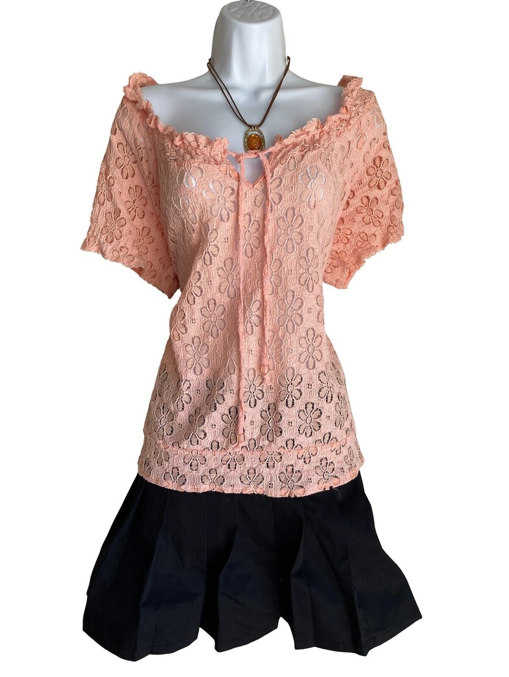 VTG Cato Women XL Boho Pink Peach Lace Off Shoulder Blouse Coquette Cottagecore
